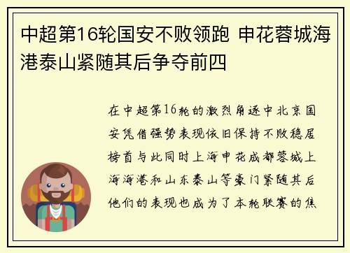 中超第16轮国安不败领跑 申花蓉城海港泰山紧随其后争夺前四