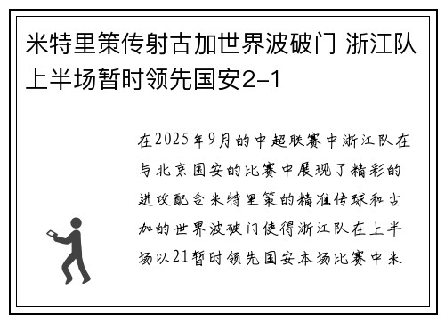 米特里策传射古加世界波破门 浙江队上半场暂时领先国安2-1